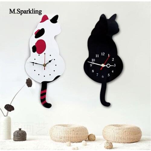 M.Sparkling creative mute wall clock cartoon Torn Tail Cat Wall Clock digital acrylic wall decoration cute gift for childs