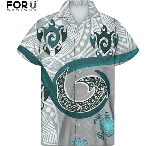 FORUDESIGNS Mens Button Up Shirts Polynesian Tribe Sea Turtle Prints Summer Hip Hop Loose Casual Hawaiian Beach Unisex Tees