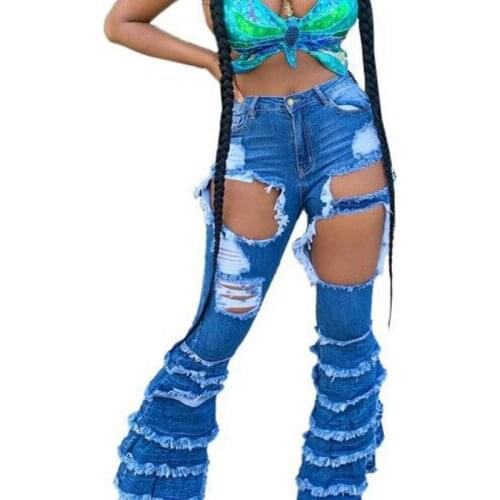 Sexy Ribbed Hole Hollow Blue Jeans Women Vintage Layers Ruched Flare Denim Pants 2020 Fashion New High Street Long Slim Trousers