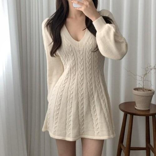 ZAWFL 2021 New Korean Style Women V-neck Long Sleeve Fashion Temperament Patchwork Twist Knitted Sweater A-Line Dress