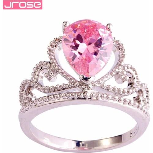 JROSE Wholesale Crown Water drop Style Jewelry Fashion Rainbow Pink Cubic Zircon Silver Ring Size 6 7 8 9 10 Valentines Gift