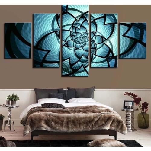 Modern Canvas Home Decor Printed 5 Panel Blue Flowers Pattern Painting Wall Art Modular Poster Framework HD Living Room