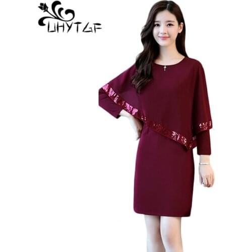 UHYTGF Autumn dress women fashion chiffon fake two-piece elegant female dress new Korean shawl long sleeve plus size dresses1021