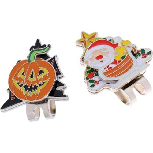 Halloween Pumpkin and Santa Claus Hat Clip with Removable Golf Ball Marker, Set of 2, Mini Size Lightweight Alloy
