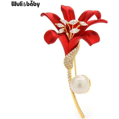 Wuli&baby New Soft Enamel Lily Flower Brooches For Women Popular Cubic Zirconia Flower Top Quality Brooch Pin Gifts