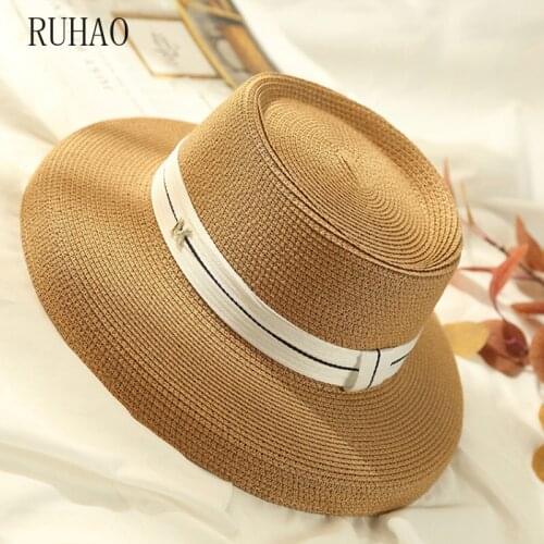 RUHAO womens summer caps M Letter Flat Top Straw beach hat Lady Boater panama straw fedora womens travel Sun visor cap gorras