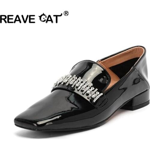 REAVE CAT 2021 Ladies Flats Lofers Patent Leather Slip On Crystal Square Toe 2CM Square Thick Block Heel Slipper Office S2185