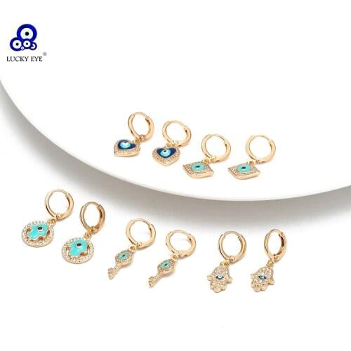Lucky Eye Heart Fatima Hamsa Hand Drop Earrings Gold Color Ring Turkish Evil Eye Dangle Earrings for Women Girls Jewelry BD281