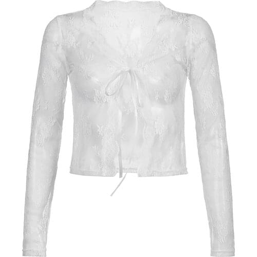 Women Hollow Out Floral Lace Crop Cardigan Top Coat Fairy Chic Casual Long Sleeve V Neck Lace-up Slim Bolero Shrug Blouse Jacket