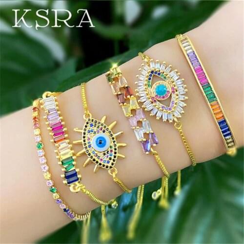 KSRA Vintage Gold Plated Cubic Zirconia Copper Bracelet For Women Gold Color Micro inlay Rainbow CZ Bracelets Brass Jewelry