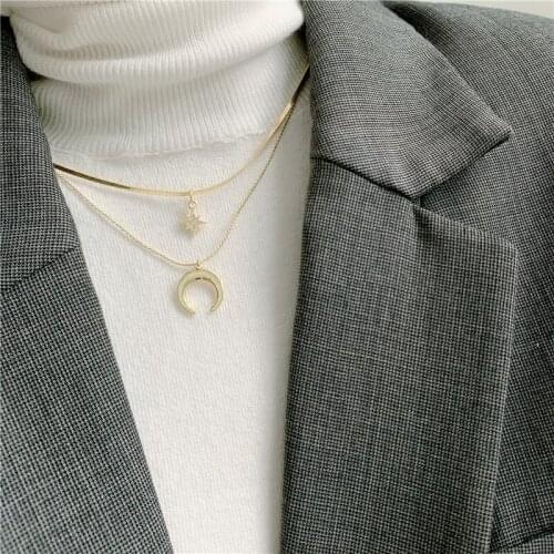 VSnow Korean Fashion Double Layer Moon Star Pendant Necklace for Women Unique Design Rhinestone Chain Necklace Jewelry Wholesale