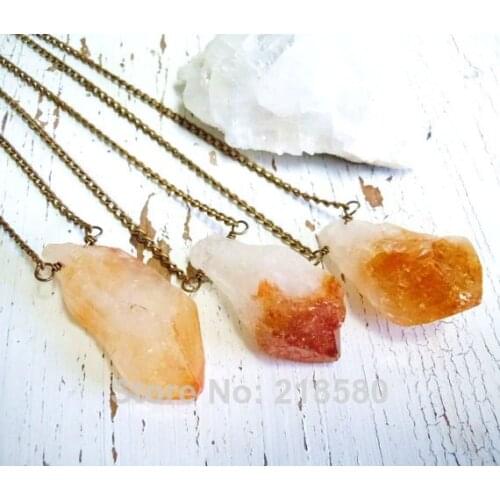 H-QN136 Crystal Quartz Raw Citrin e Point Pendant Necklace Brass Link Chains Necklace for Women