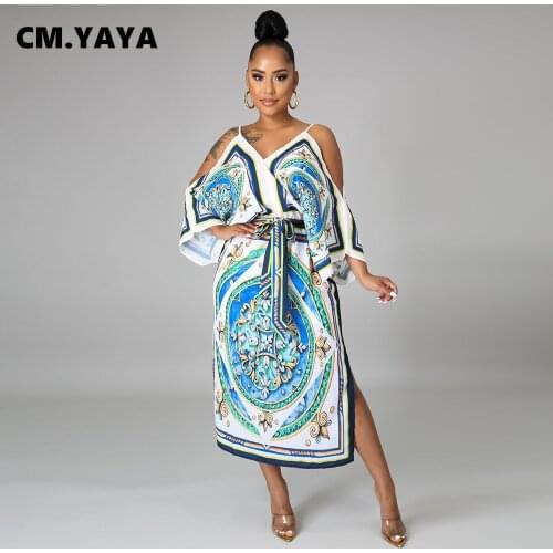 CM.YAYA Women Midi Dress Print Strap Loose Sleeve V-neck Splited Bandage Sashes Dresses Fashion Vestidos Summer Outfits 2021