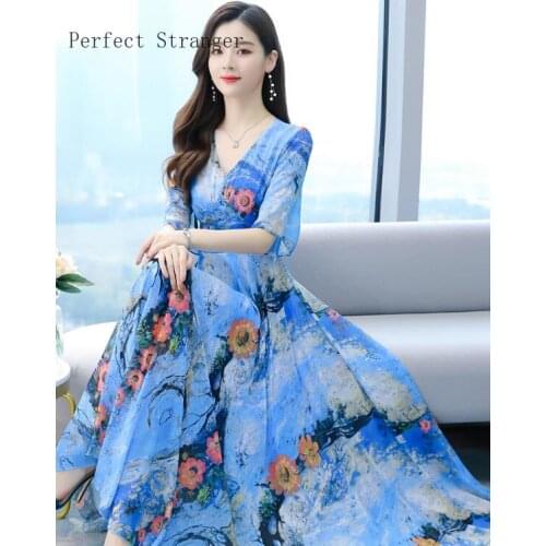 2021Summer New Arrival Hot Sale V Collar Flower Printed Collect Waist Short Sleeve Women Long Chiffon Dress M-4XL