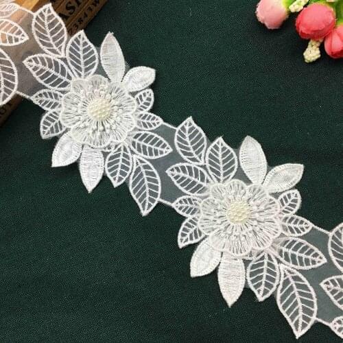 1 yard White Pearl Flower Leaf Handmade Beaded Lace Trim Ribbon Embroidered Applique DIY Trimmings Wedding Dress Sewing Craft