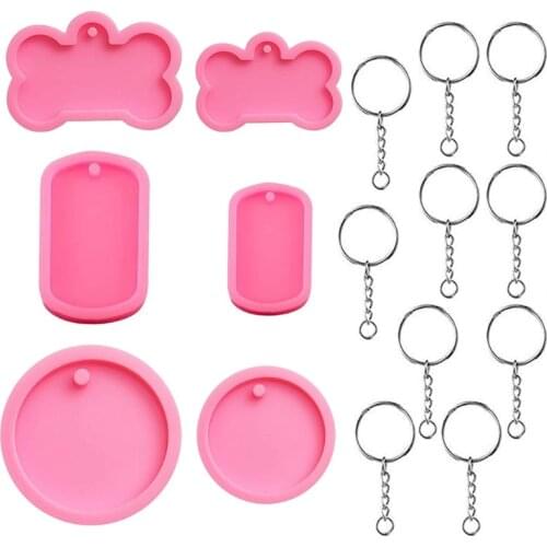 6 Pieces Dog Bone Shaped Silicone Mold Set DIY Round Keychain Epoxy Resin Mould Dog Tag Pendant Casting Mold with Blank D0JD
