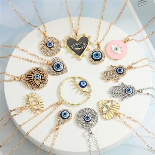 1 Pcs Hollow Hand Hamsa Evil Eye Necklace For Women Shiny Round Heart Water Drop Turkish Blue Eye Sweater Clavicle Chain Jewelry