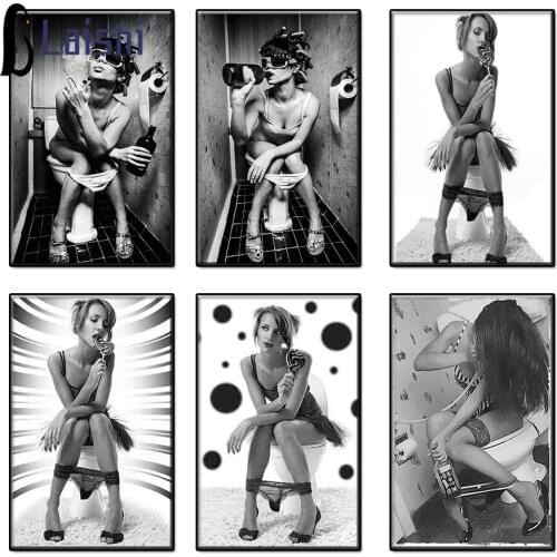 Picture of rhinestones mosaic Black and white toilet art, women go to the toilet diamonds painting sale crystal bead home decor