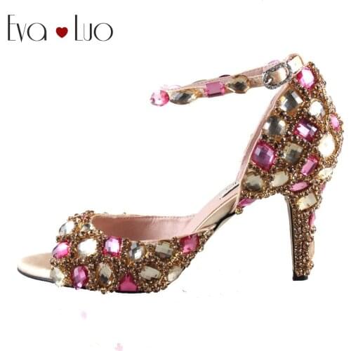 CHS987 Custom Made Champagne Gold Fuchsia Pink Crystal Shoes With Matching Bag Set Bridal Wedding Shoes Women High Heel Shoes