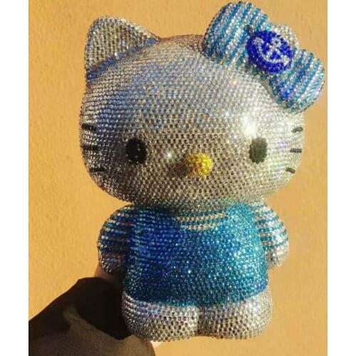Navy Suit KT Blue Piggie Bank Coin Saving Box Sparkling Rhinestones Kitty Figurines Kids Gifts Cute Miniature Home Decor Bling