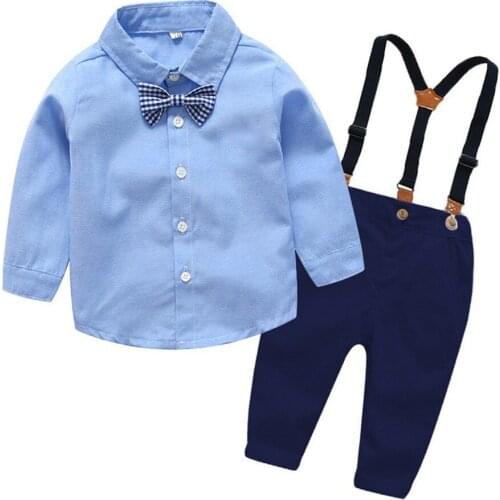 Korean Blue Solid Boy Gentleman Blazer Clothes Baby Formal Shirts Overalls Pant 2 Pieces Sets Kid Birthday Wedding Suit School