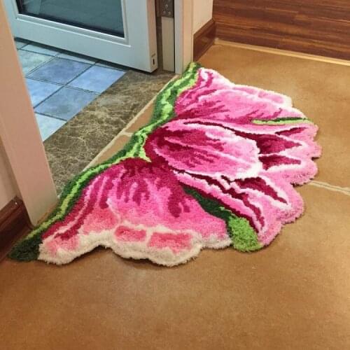 2021 New Arrival Bright Pink and Red Tulips Flowers Art Rug for Door Mat Handmade Floor Carpet Non-slip Rugs Home Decor 80X50cm