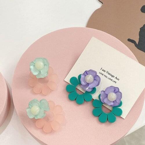 Minar 2021 Summer Cute Contrast Color Flower Earrings for Women Korean Fashion Resin Arcylic Floral Drop Earrings Pendientes