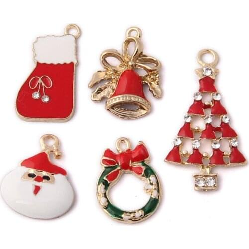 Mini Order Enamel Alloy charms Christmas Style Santa Clause Tree Bell Flower Floating Pendant Charms 10pcs Oil Drop Charm