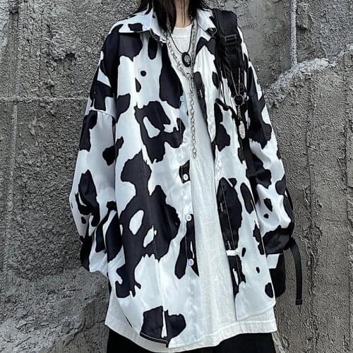 Retro Printed Mens And Womens Shirts Ins Trend Cow Pattern Shirts Long Sleeves Drop Shoulder Sleeves Casual Loose Jacket