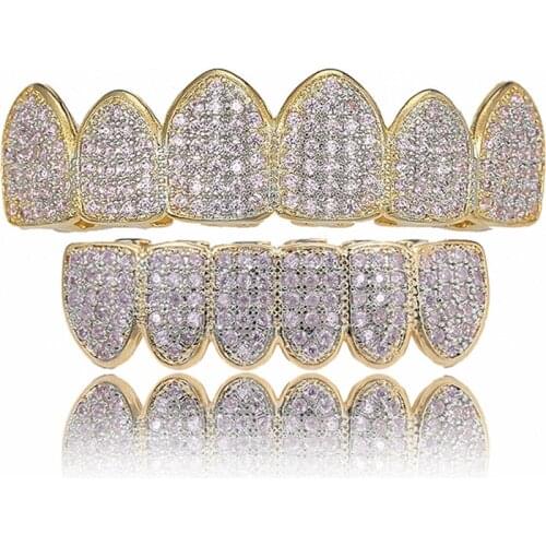 Hip Hop Grillz Pave Pink CZ Stone Iced Out Mouth Teeth Grills Caps Top & Bottom Tooth Set Gold Color Men Women Vampire Grills