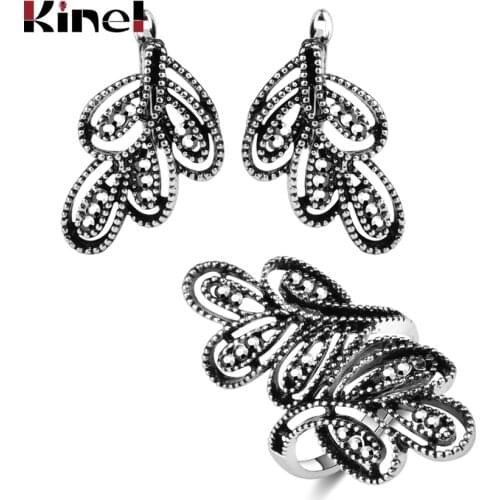 Kinel 2pcs Vintage Jewelry Sets Antique Silver Color Hollow Flower Rings And Crystal Stud Earring Luxury Party Accessories Gift