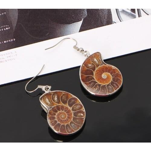 Natural Snail Ammonite Spiral Whorl Conch Shell Fossils Pendant Dangle Earrings