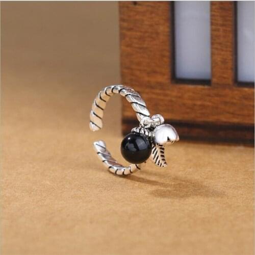 New Fashion Black Agare Bell Leaves 925 Sterling Silver Jewelry Personality Retro Transfer Leaf Sweet Gift Opening Rings SR403