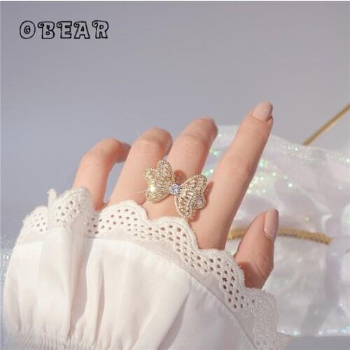OBEAR 14k Real Gold Plating New Exquisite Transparent Crystal Butterfly Ring Women Noble Elegant Wedding Jewelry Gift