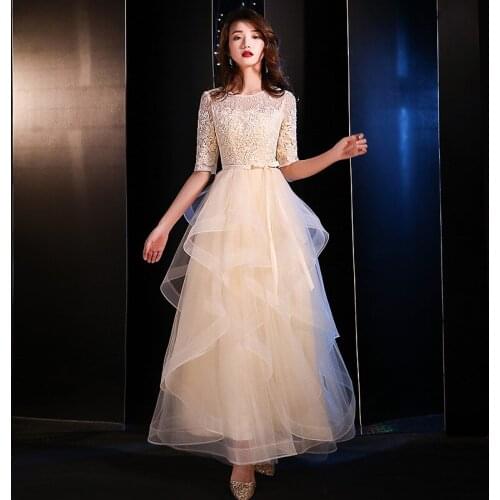 Evening Dress Female 2019 New Banquet Elegance Annual Meeting Party Dresses Half Sleeve Illusion O-neck a-line