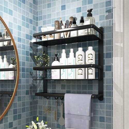 Bathroom Shelf With Towel Bar Wall Mounted Space Aluminum Bath Shower Shelf Black Bath Shampoo Holder Toilet Shelf Organizer