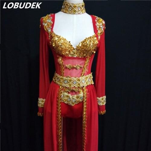 Sexy Perspective Red Black Mesh Bodysuit Trailing Skirt Gold Sequins Bra Nightclub Bar DJ Singer Host Costume Catwalk Dance Wear