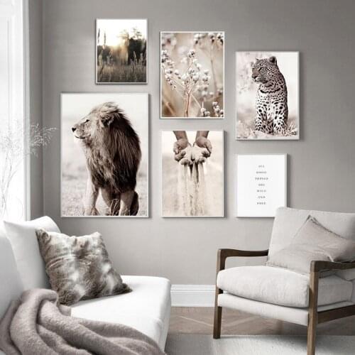Scandinavian Nature Landscape Canvas Painting Lion Leopard Grass Wall Art Poster Nordic Print Modern Quote Picture Home Decor
