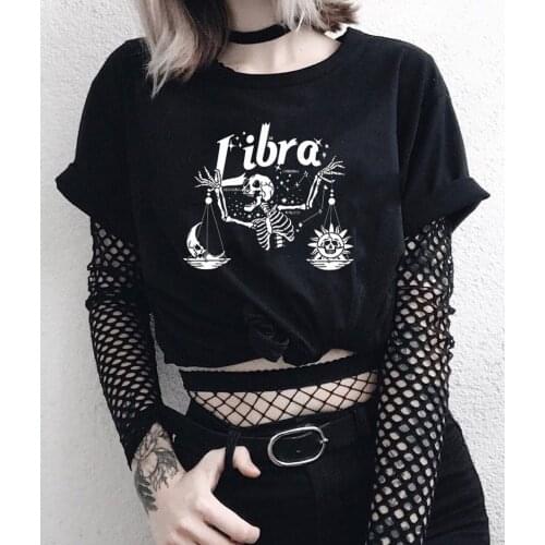 Goth Spooky Libra Skeleton Woman Tshirts Sun and Moon Harajuku Streetwear Halloween Grunge Style Short Sleeve Meme T Shirt Tops