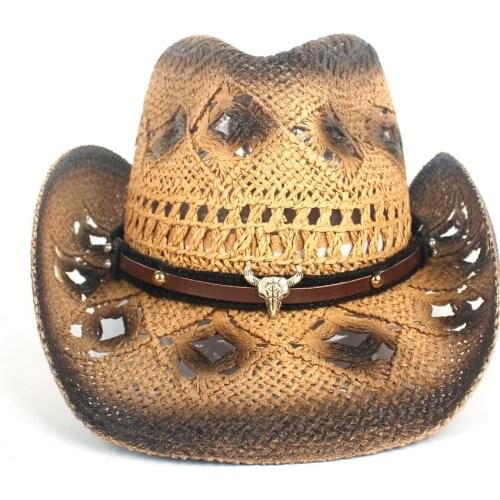 Women Men Straw Hollow Western Cowboy Hat Lady Handmade Sombrero Hombre Beach Cowgirl Jazz Sun Hat Size 56-58CM