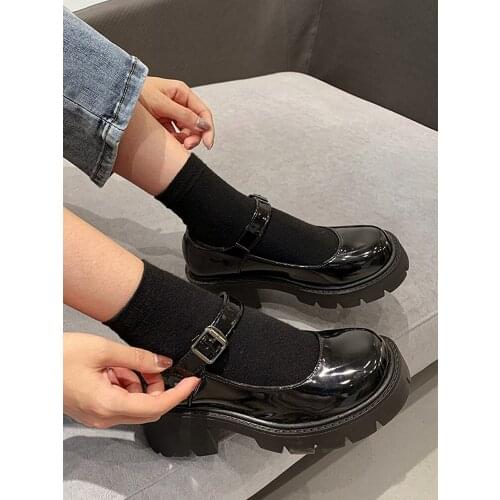 Womens shoes leather shoes autumn 2020 new fashion black patent leather thick heel high heel casual shoes