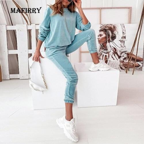 2021 New Women Solid O-Neck Long Sleeve Full Pant Homewear Suits Spring Autumn Velvet Casual Pocket Ladies Sets Loose Loungewear