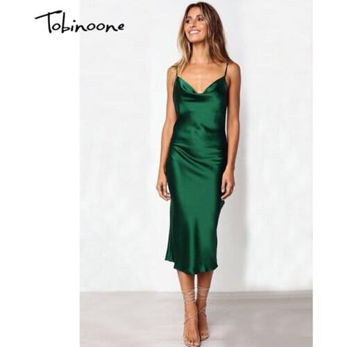 Tobinoone Satin Solid Ruched Elegant Midi Dress Women Spaghetti Strap Soft Loose Dresses Backless High Waist Sexy Party Vestidos