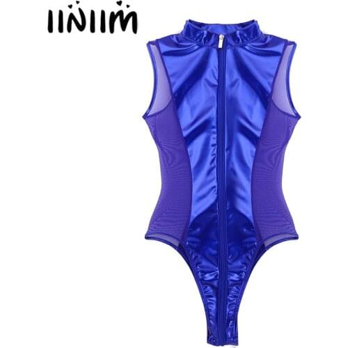 Womens Adult Shiny Teddies Clubwear Bodysuit Catsuit Sheer Mesh Zipper Crotch Sexy Bodysuit Costumes Wetlook Pole Dance Parties