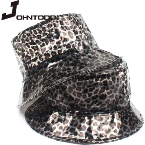 2021 Summer Woman Black Clear Pvc Leopard Fisherman Hat Foldable Visor Cap Unisex Foldable Bucket Hat Outdoor Sunscreen Sunhat