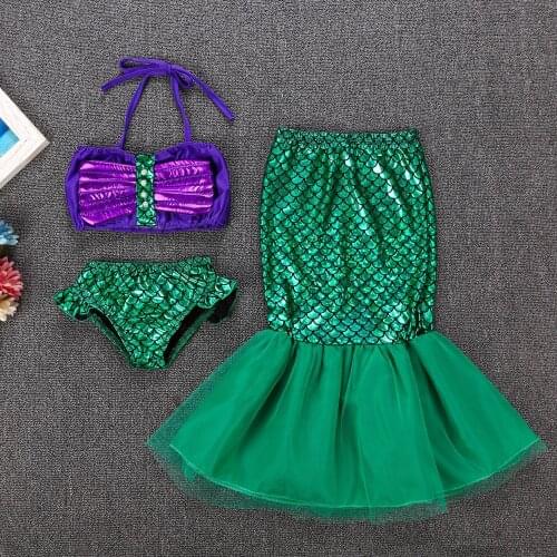 3 pcs Mermaid Tail Princess Ariel Dress Cosplay Costume Girl Kids Maid Tails Fancy Dress Bikini Set Bathing Suit
