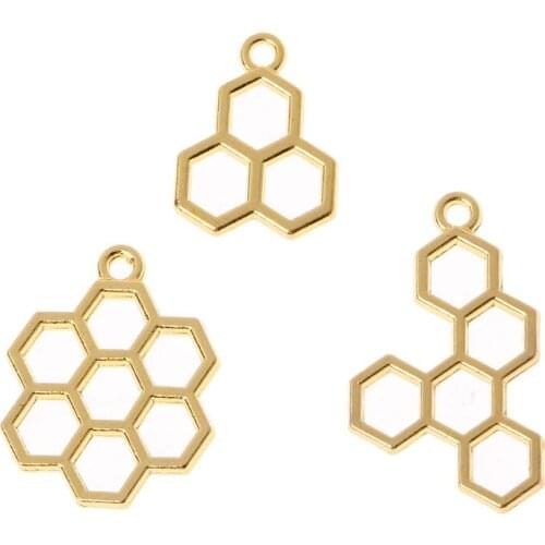 3Pc Bee Honeycomb DIY Metal Frame Pendant Open Bezel Setting UV Resin Jewelry