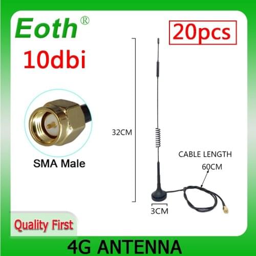 20PCS 4G LTE Antenna 10dbi SMA Male Connector Aerial 698-960MHZ 1700-2700Mhz with magnetic base 60CM CABLE Sucker Antena Antenne