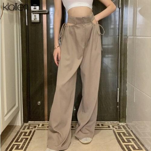 KLALIEN high street casual female wide leg pant sexy hollow out bandage zipper high waiste solid wild loose trousers spring new