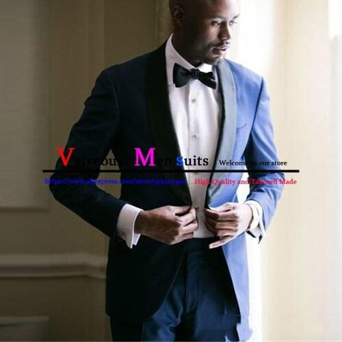 Tailor-Made Men Suits Light Navy Blue Groom Tuxedos Shawl Lapel Groomsmen Wedding Best Man (Jacket+Pants) Slim Fit Costume Homme